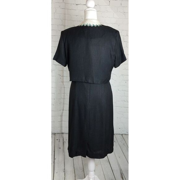 Vintage Dress & Bolero Set Black White Floral Trim Career Cocktail Size M - Picture 4 of 11